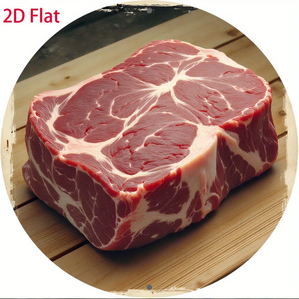 2D Flat, 1pc Realistic Beef Steak Metal Wall Sign - Large 8-Inch Round (7.87inch) Realistic Meat Texture, Iron Cow Cut Chart-lik
