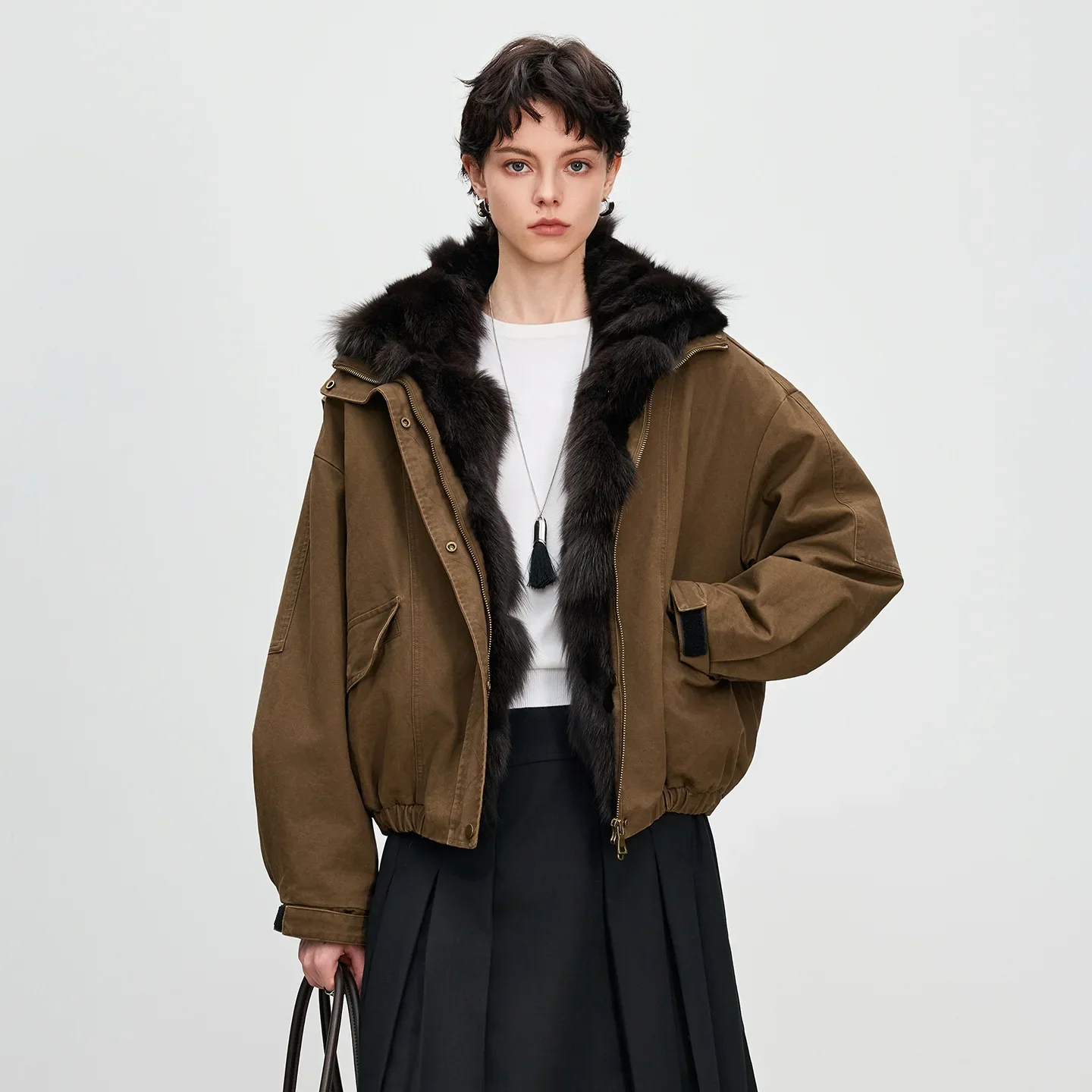 Nieuwe damesvossenbont gevoerde parka jas spijkerjasje casual stijl lederen bovenkleding met lange mouwen comfortabele winterbovenkleding