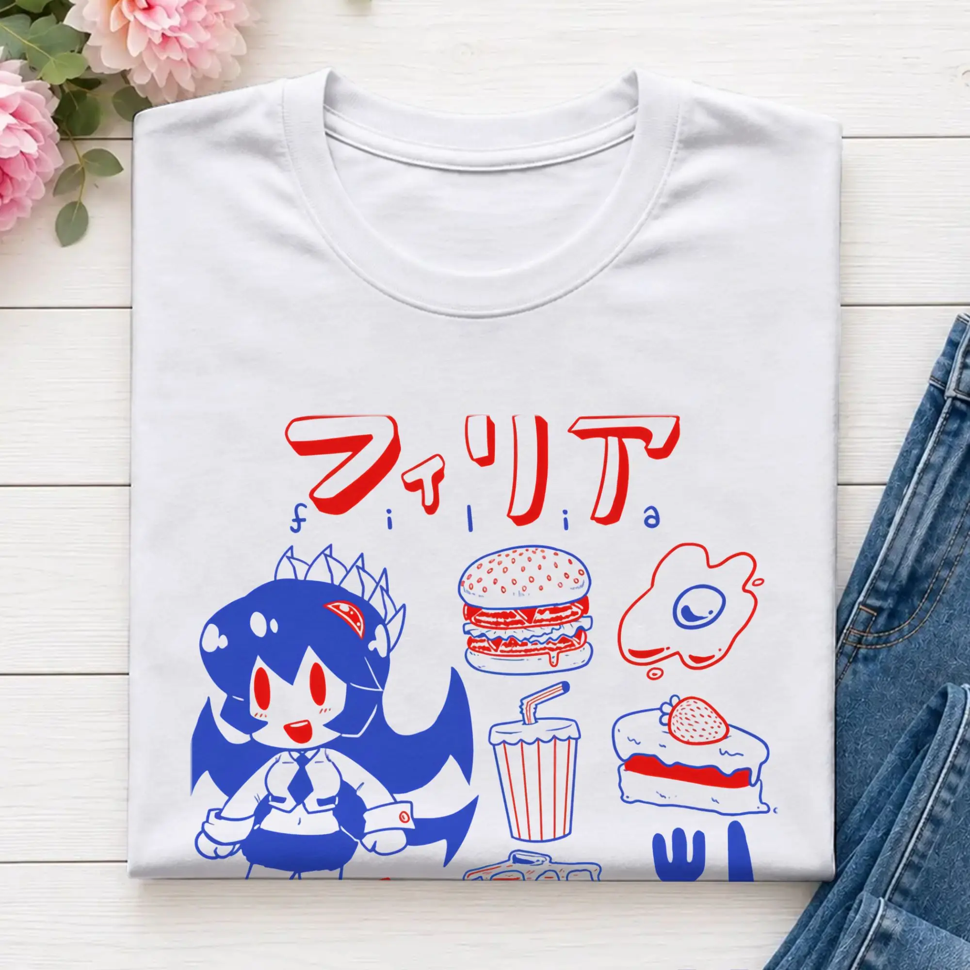 Skull Girls  Filia  Eating Time  Cotton T-Shirt For Man Summer Touhou Project Streetwear T-Shirts O Neck Harajuku Tee Shirt Tops