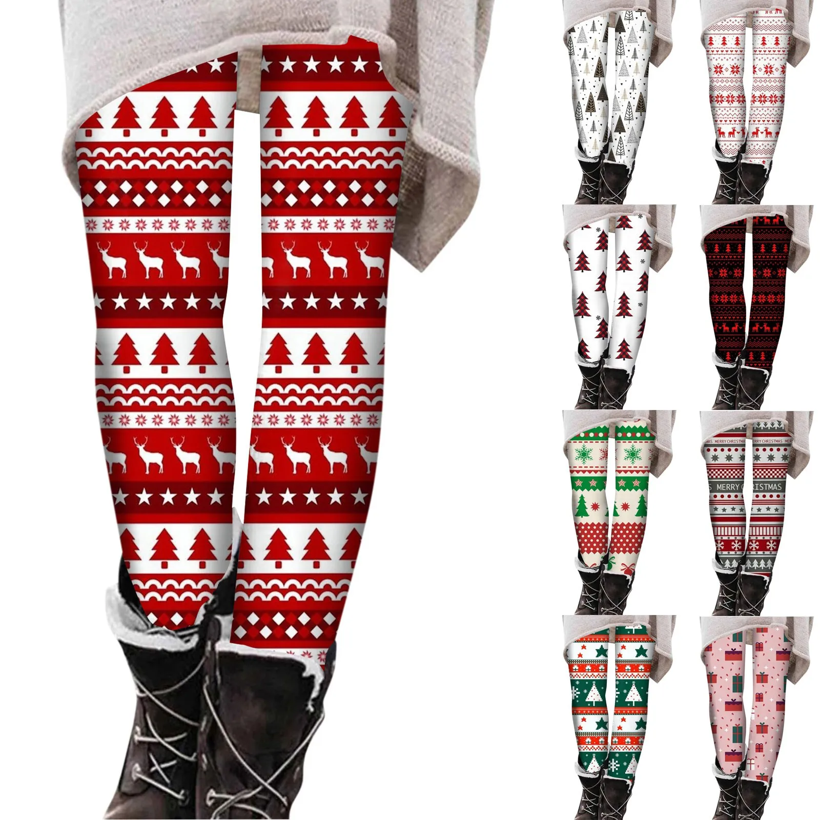 Lady Xmas Christmas Holiday Printed Santa Leggings Female White Snow Elk Deer Patten Striped Pants Slim Fitted Pencil Leggings