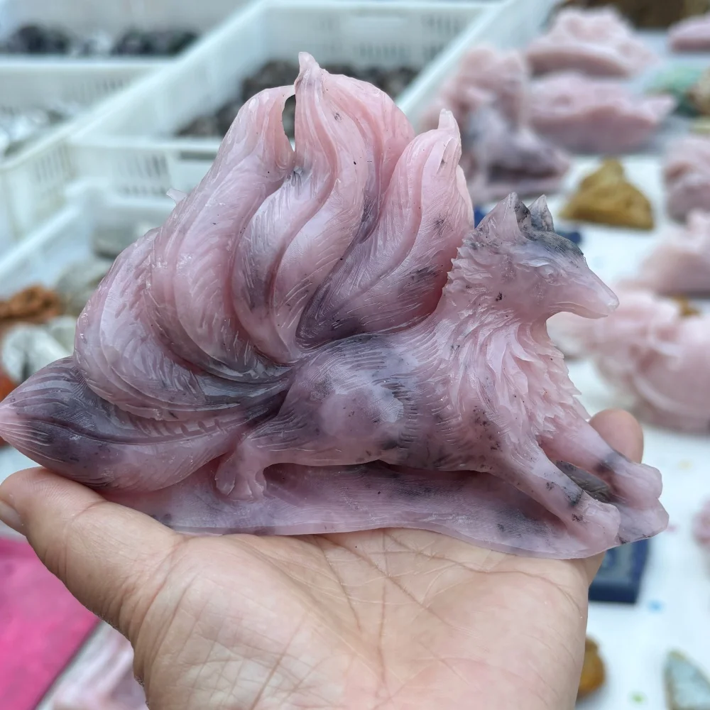 Natural Pink Calcite Hand Carved Nine Tailed Fox Figurine, Crystal Kyuubi Fox Statue, Reiki Stone Home Decor Spiritual Gift