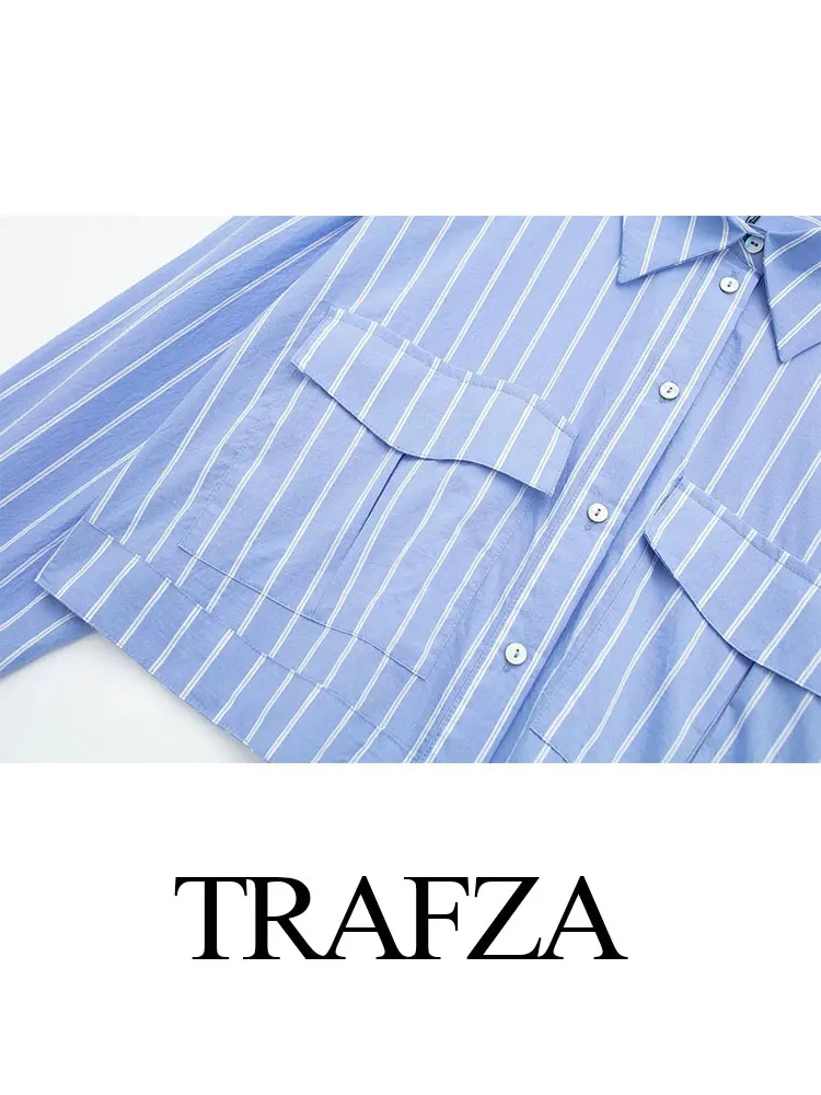 TRAFZA Women Elegant Striped Blouse Sweet Breasted Long Sleeve Shirt With Front Pocket 2024 Woman Cropped Pink Blue Blouses Top