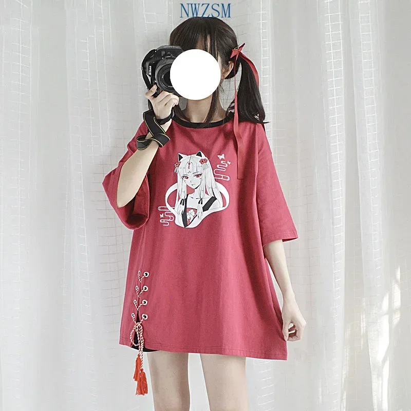 Zomer dameskleding anime Vos gedrukt kruis lint vrouwen Lolita Meisjes Harajuku lente zwarte top rok hoodies M17