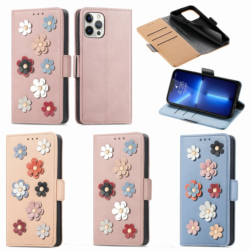 10pcs PU Leather Wallet Flip Phone Cover Case With 3D Flower for iPhone 6 7 8 Plus XS XR X 11 12 13 Pro Max Mini