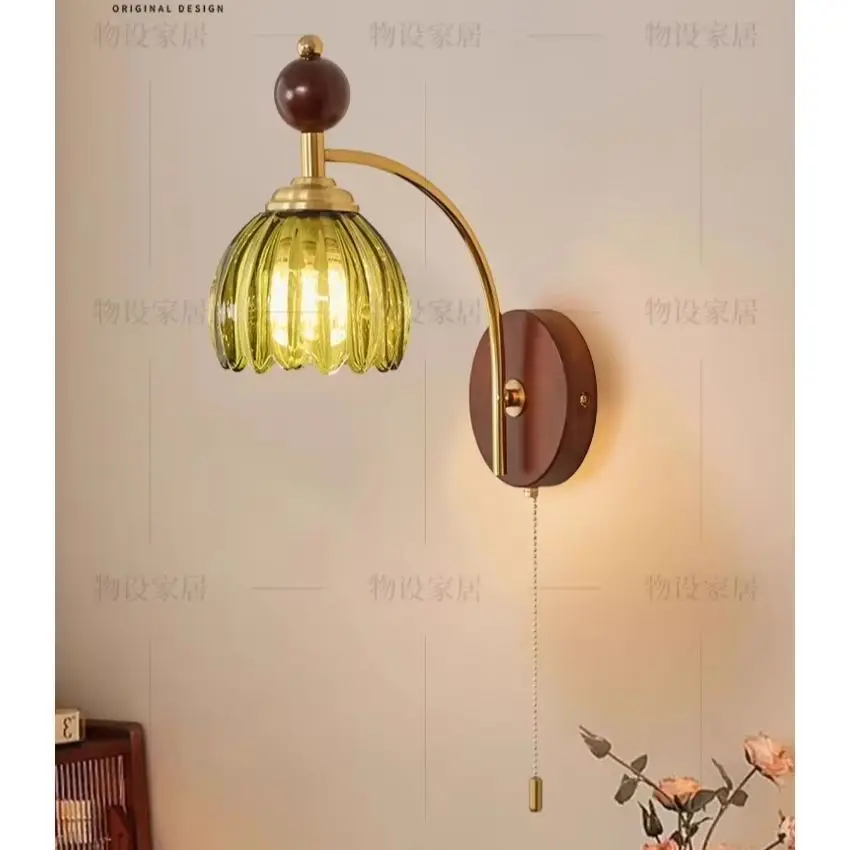 French bud glass wall lamps American retro bedside lamp bedroom living room corridor walnut colour lampshade wall sconces light