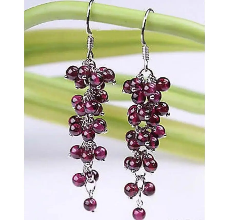 

4-5mm Red Garnet Beads Cluster Grape White Plated Hook Earrings