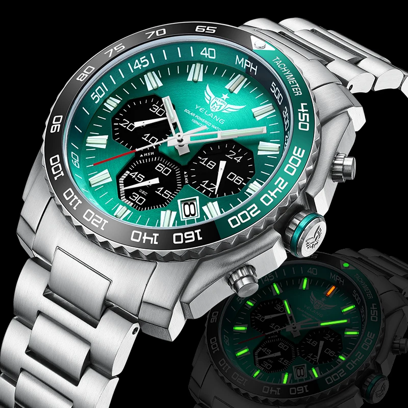 Yelang Watch 44mm V1215 Men Sports Watch Japan Eco-Drive VR42 Solar Diving Watch 100m Waterproof 10Bar Luminous Watches for Men