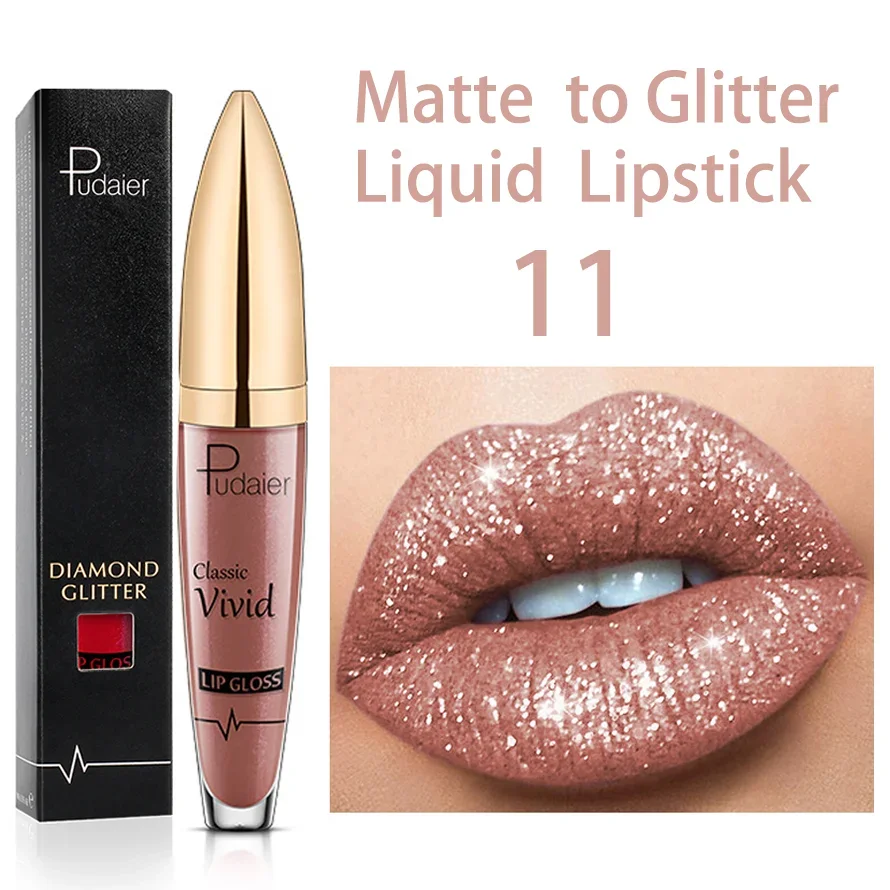 Pudaier Diamond Glitter Lip Gloss Velvet Matte Lip Tint Pigment Waterproof Long Lasting Red Blue Black Makeup Liquid Lipsticks