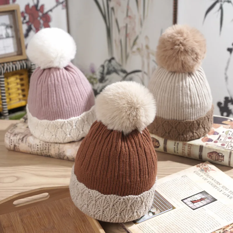 New Women Hat High Quality Add Fur Lined Pompoms Winter Hat Stylish Wool Beanie Hats For Women Warm Thick Streetwear Knitted Cap