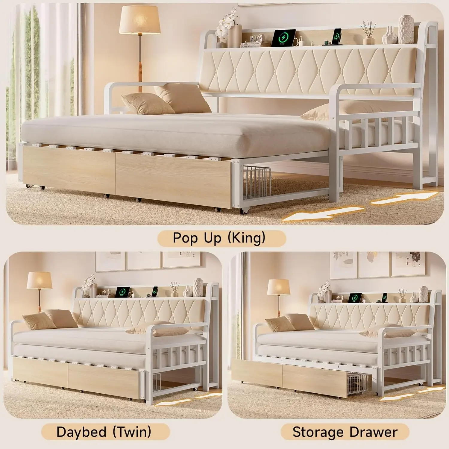 Twin Daybed With Pop Up Trundle Storage Drawers Upholstered Headboard Power Outlet White Metal Frame