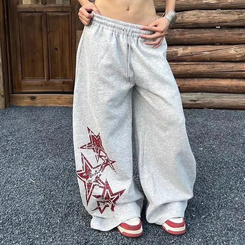 American Casual Lazy Sweatpants Women Hiphop Loose Jazz Cargo Pants Star Print Drawstring Wide Leg Trousers Harajuku Y2K