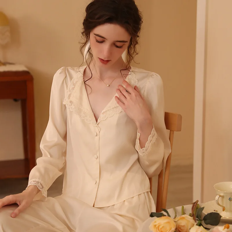 Women French Spring Autumn Two-Pieces Nightwear Princess Sweet Lace Turn-Down Collar Pajamas Full Sleeves Cardigan Silk Pyjamas