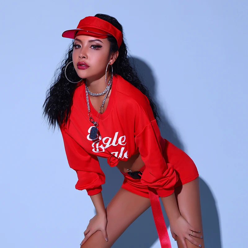 ชุดเต้นแจ๊สสีแดงแขนยาวสำหรับผู้หญิง ชุดฮิปฮอปสตรีทแดนซ์สำหรับผู้ใหญ่ ชุดแสดงเต้นสไตล์เกาหลี ชุดนางแบบ