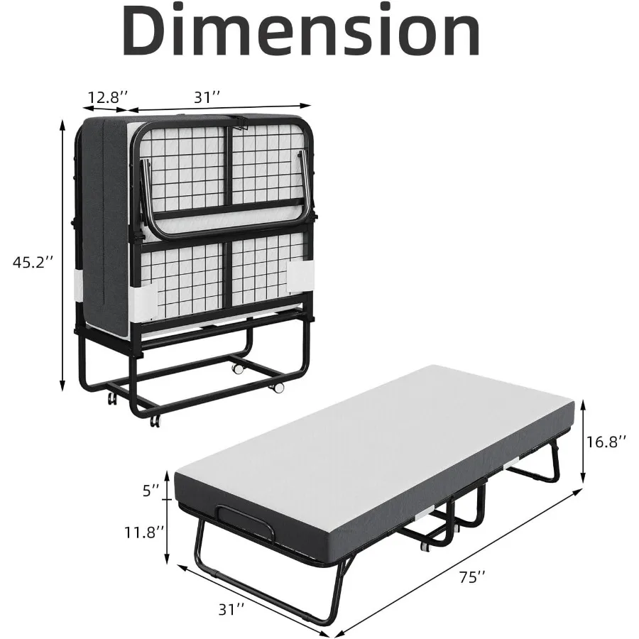 سرير قابل للطي مع مرتبة سرير ضيوف محمول قابل للطي للبالغين 75 × 31 Ih سرير نهاري مزدوج الحجم مع ذاكرة ممتازة 5 Ih