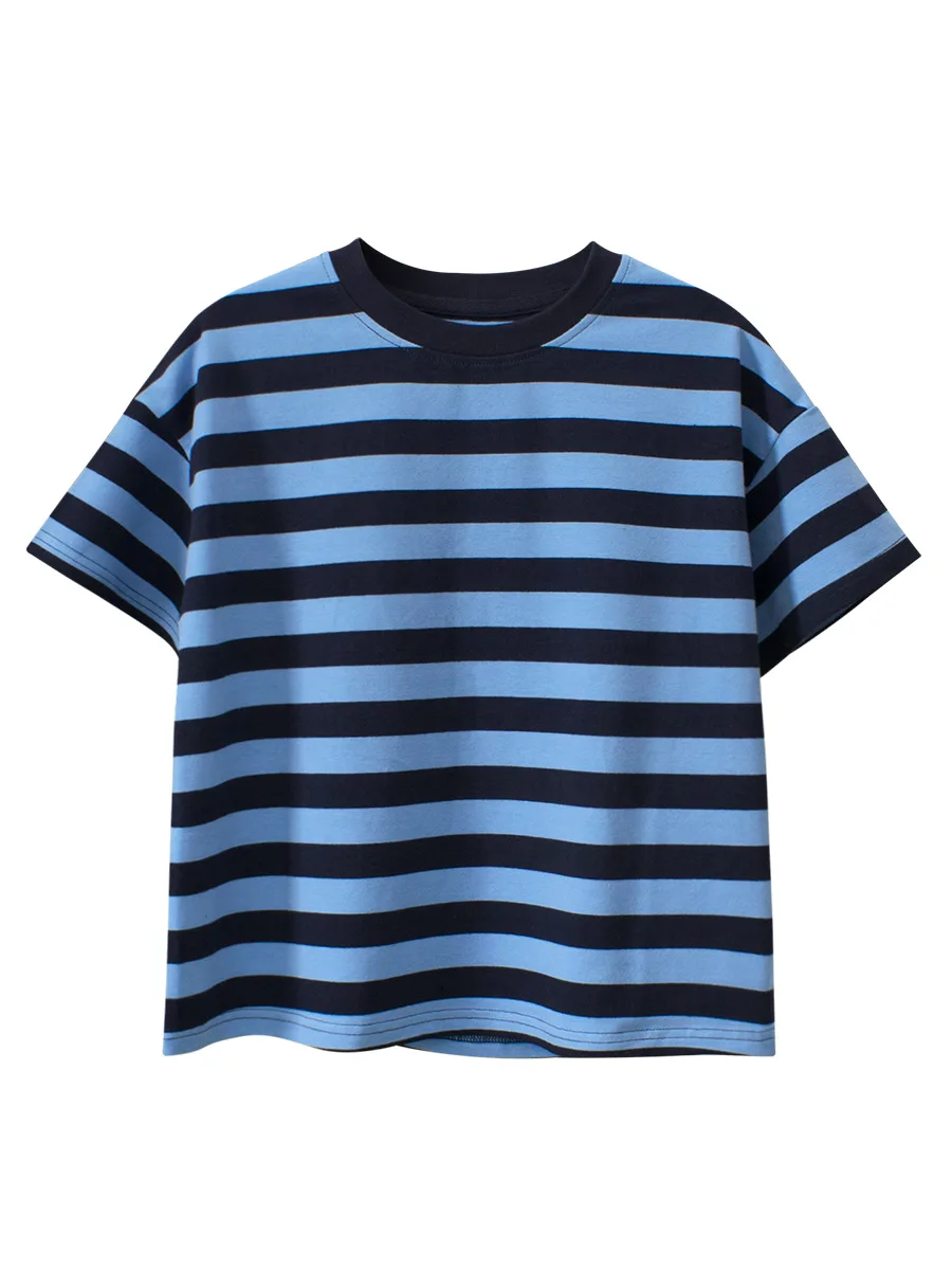 Boys' Summer New Design Blue Striped Short Sleeve, Boys' Everyday Casual T-Shirt