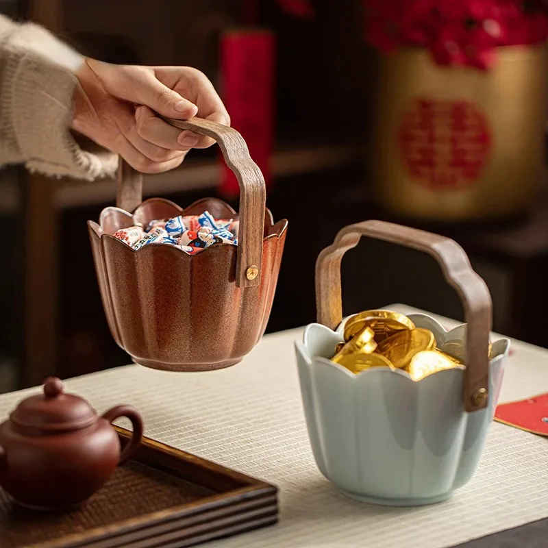 Ceramic Vintage Fruit Basket Snack Candy Storage Box Handheld Creative High Beauty Tea Pastry Plate Kitchen Storage Container