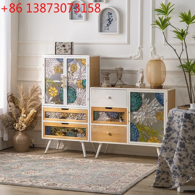American hand-painted enamel colored dining side cabinet, tea room combination storage cabinet, dust-proof glass light luxury ch