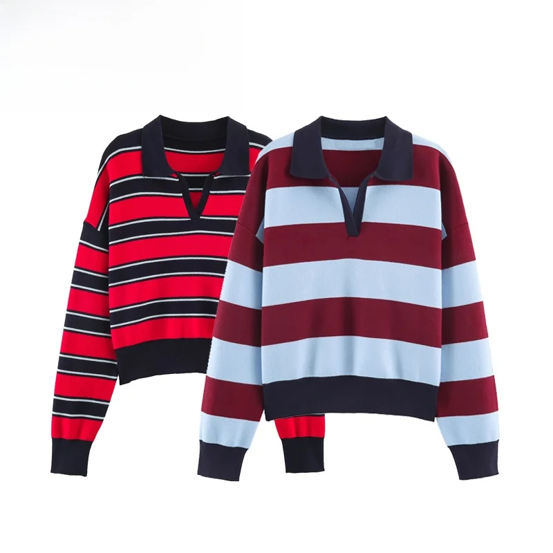 Fashionable Striped Knitted  Shirt for Women New Arrival Standard Fit Long Sleeve Polyester Fiber 2026 Autumn Collection
