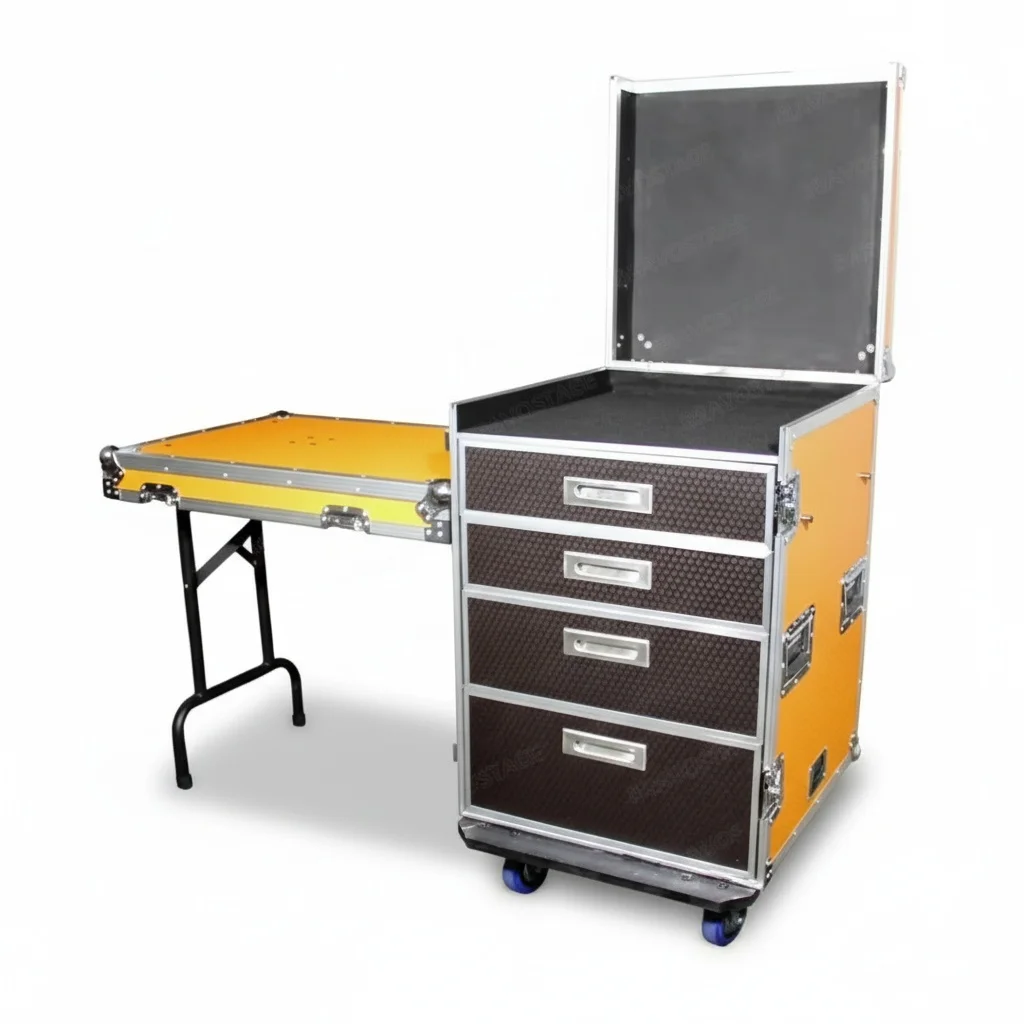 Workbox Flight Case, Aluminum and Plywood 4-Drawer ATA Road Case, with Fold Out Removable Table, Workstation Tool Storage Case