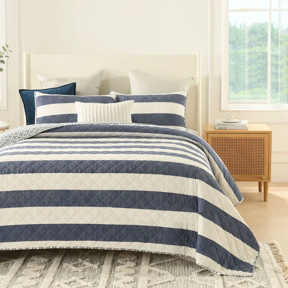 Stripe Printed Cotton Quilt Set 3pcs Bedspread on the Bed Queen Size Quilted Coverlet Reversible Summer Comforter