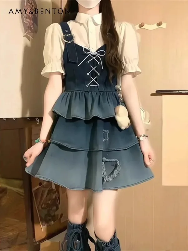

Vintage Hot Girl Denim Blue Star Skirt 2025 Summer New College Style Short Sleeve Shirt Patchwork Strap Short Skirt Set