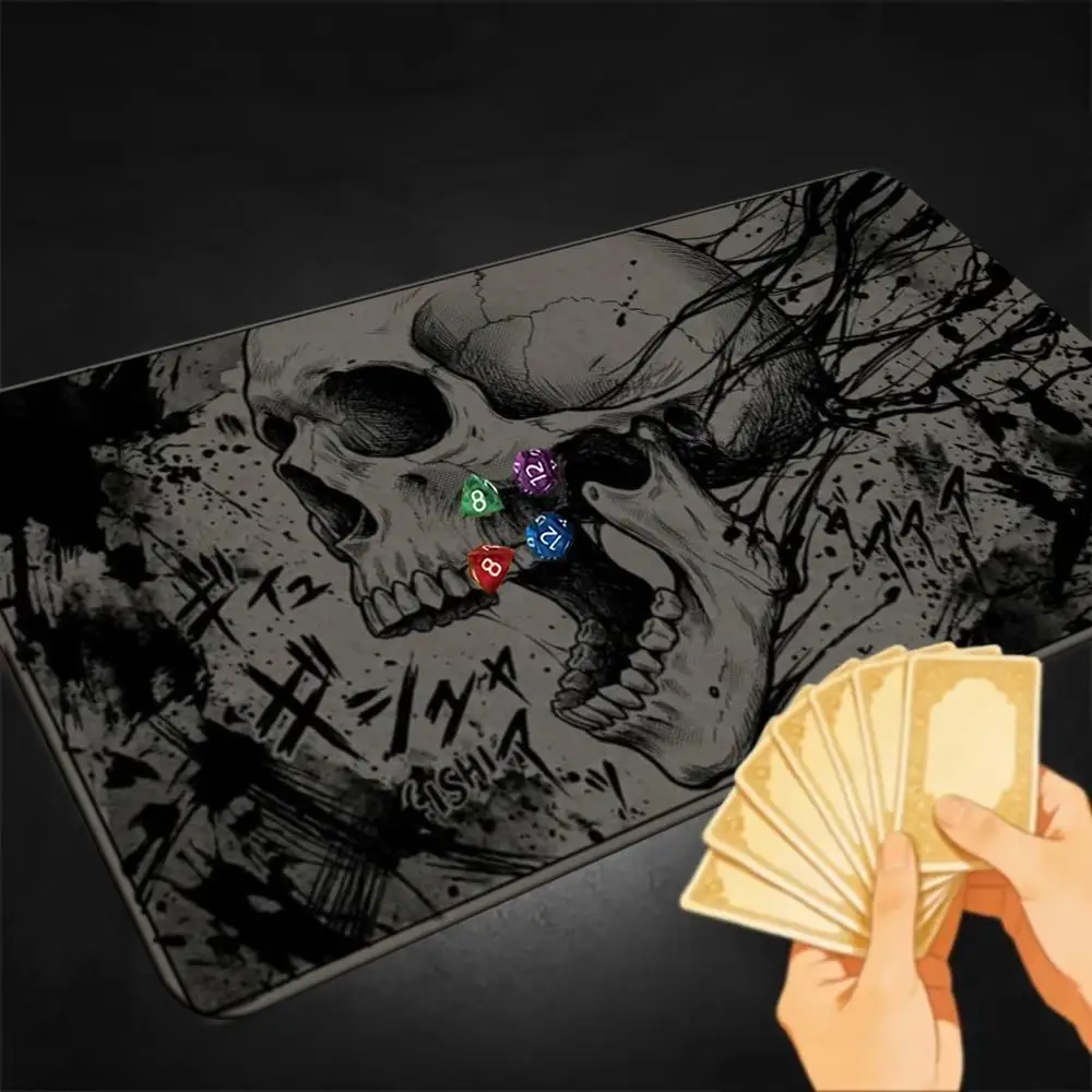 Black White Ink Wash Skull TCG Playmat Japanese Graffiti Text Dark Street Art Premium Rubber Large Gaming Desk Mat Gothic Decor