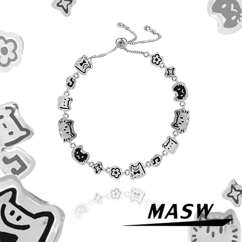 MASW Original Design Lovely Style Multi Cats Notes Flowers Charm Bracelet For Women Girl Gift Trend Jewelry Hot Sale