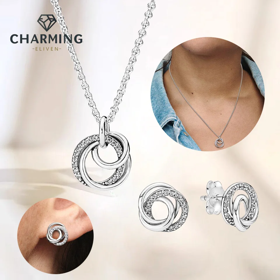 

CHARMING Jewelry Set S925 Sterling Silver Family Always Encircled Stud Earrings for Women & Necklace Woman Wedding Jewelry Set