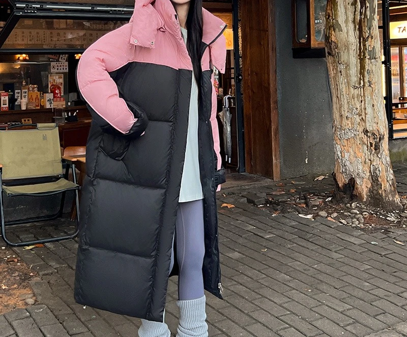 

Large Size Long Over Knee Fashionable Cotton Jacket for Women, Contrasting Color Hooded Cotton Jacket for Women