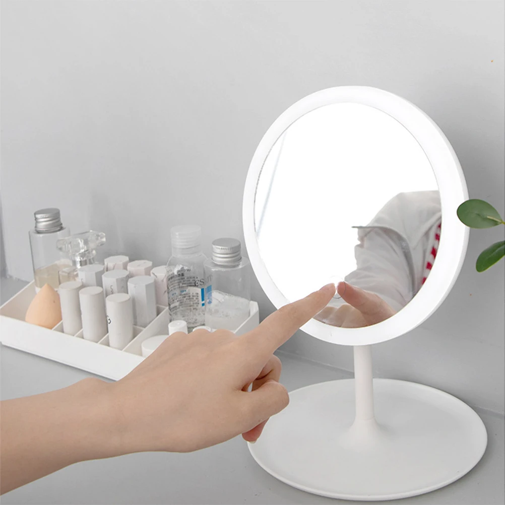 LED Desktop Makeup Mirror Rechargeable USB Charging Three Color Light Stylish Mirror with Storage Tray for Bedroom