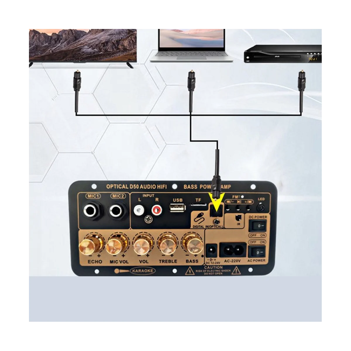 บอร์ดเครื่องขยายเสียง D50พร้อมระบบเสียงออปติคอลบลูทูธแอมป์ยูเอสบีวิทยุเอฟเอ็มเครื่องเล่น TF ตู้ลำโพงซับวูฟเฟอร์แบบ DIY สำหรับรถบ้านปลั๊กแบบยุโรป