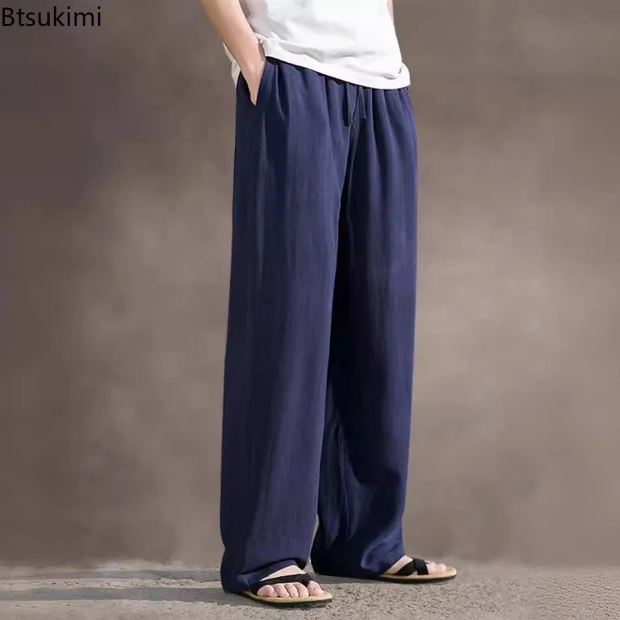 

Summer Casual Linen Trousers for Men Loose-fit Straight-leg Cropped Pants Chinese Style Summer Thin Cotton Linen Wide Leg Pants