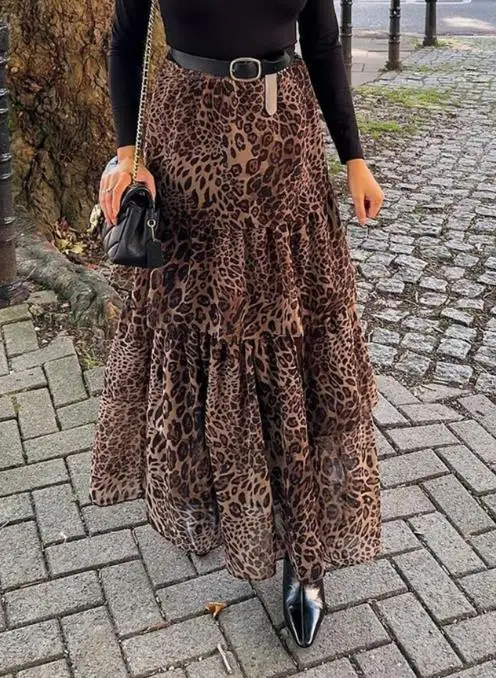 Skirt for Women 2026 Spring New Fashion Leopard Print Slit Front High Waist Streetwear Casual Ruffles Cake Long Skirt