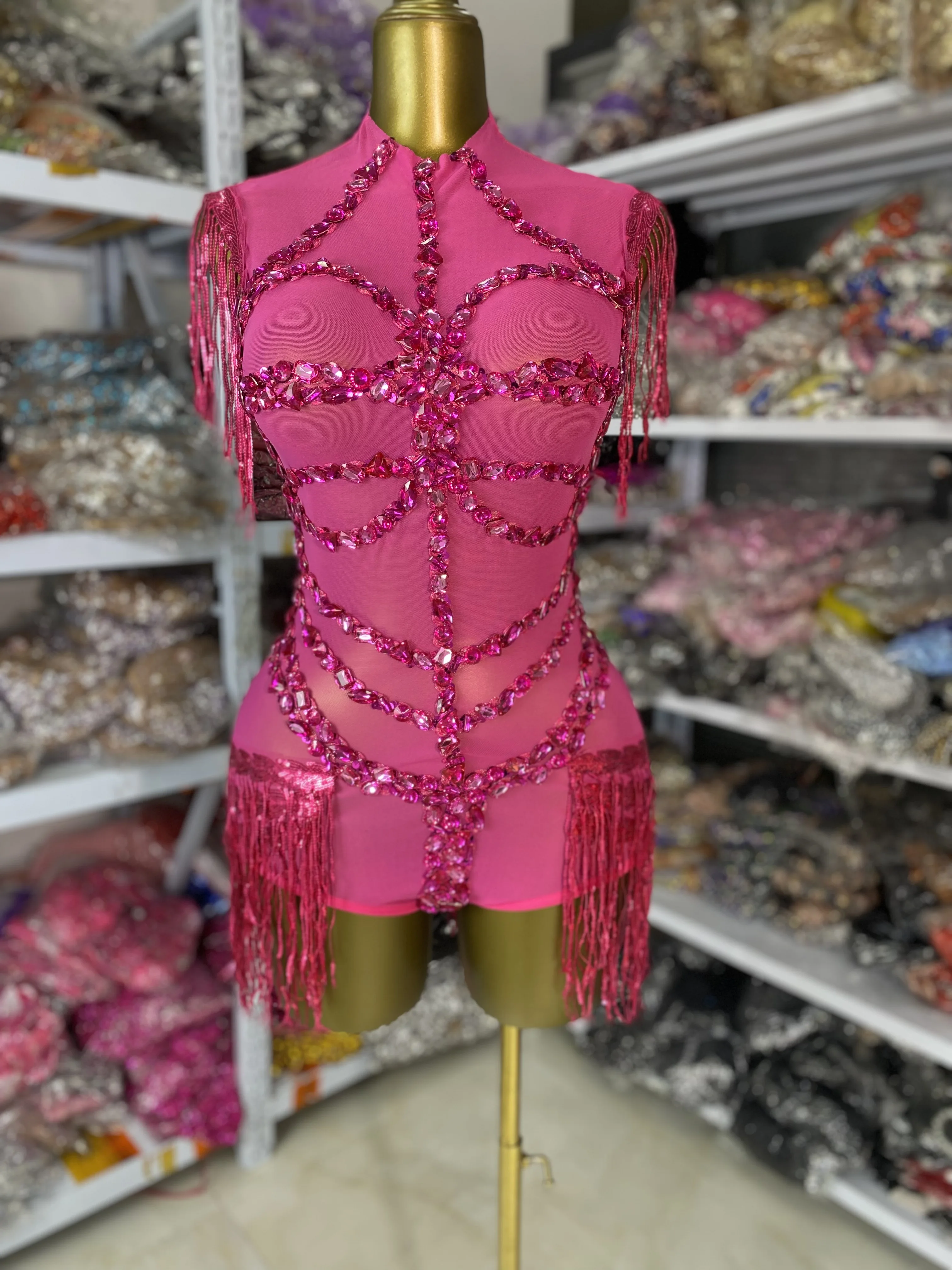 

Women Hot Pink Rhinestones Mesh Tassel Playsuits Sexy See Through Nightbar Evening Club Gogo Dance Costumes Showgirls Festival