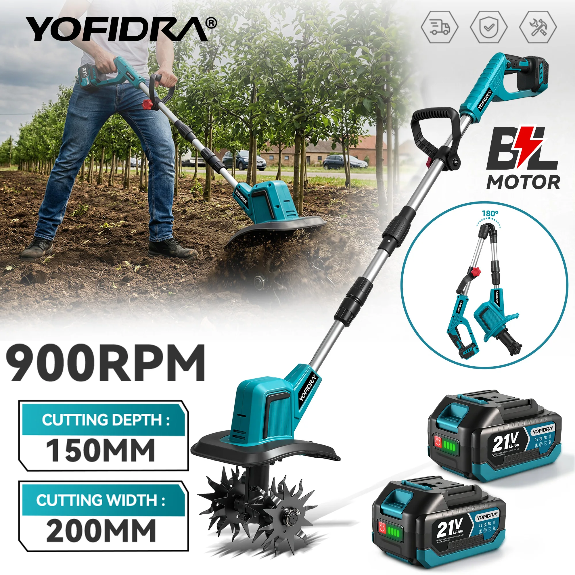 Image of YOFIDRA Bürstenloser Elektrischer Kultivator Rasenmäher Kabelloses Garten-Bodenbearbeitungswerkzeug Tragbarer Ausziehbarer Kultivator Rasentrimmer Unkrautjätemaschine Bodenlockerung für Makita 21V