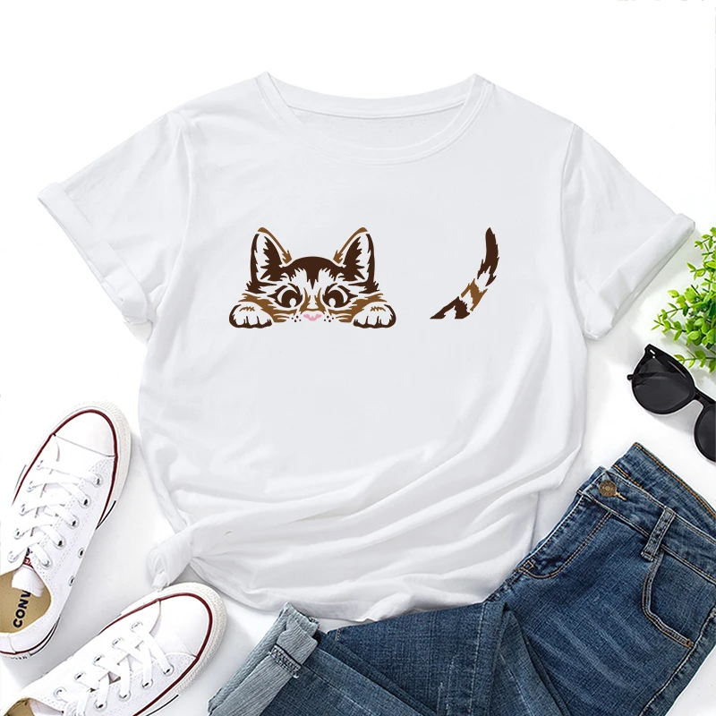 

2025 Hot Sale Women's 100% Cotton T-shirts Cute Cat Printed Round Neck Tops Girls Home Outdoor Casual Fashion Breathable Tees