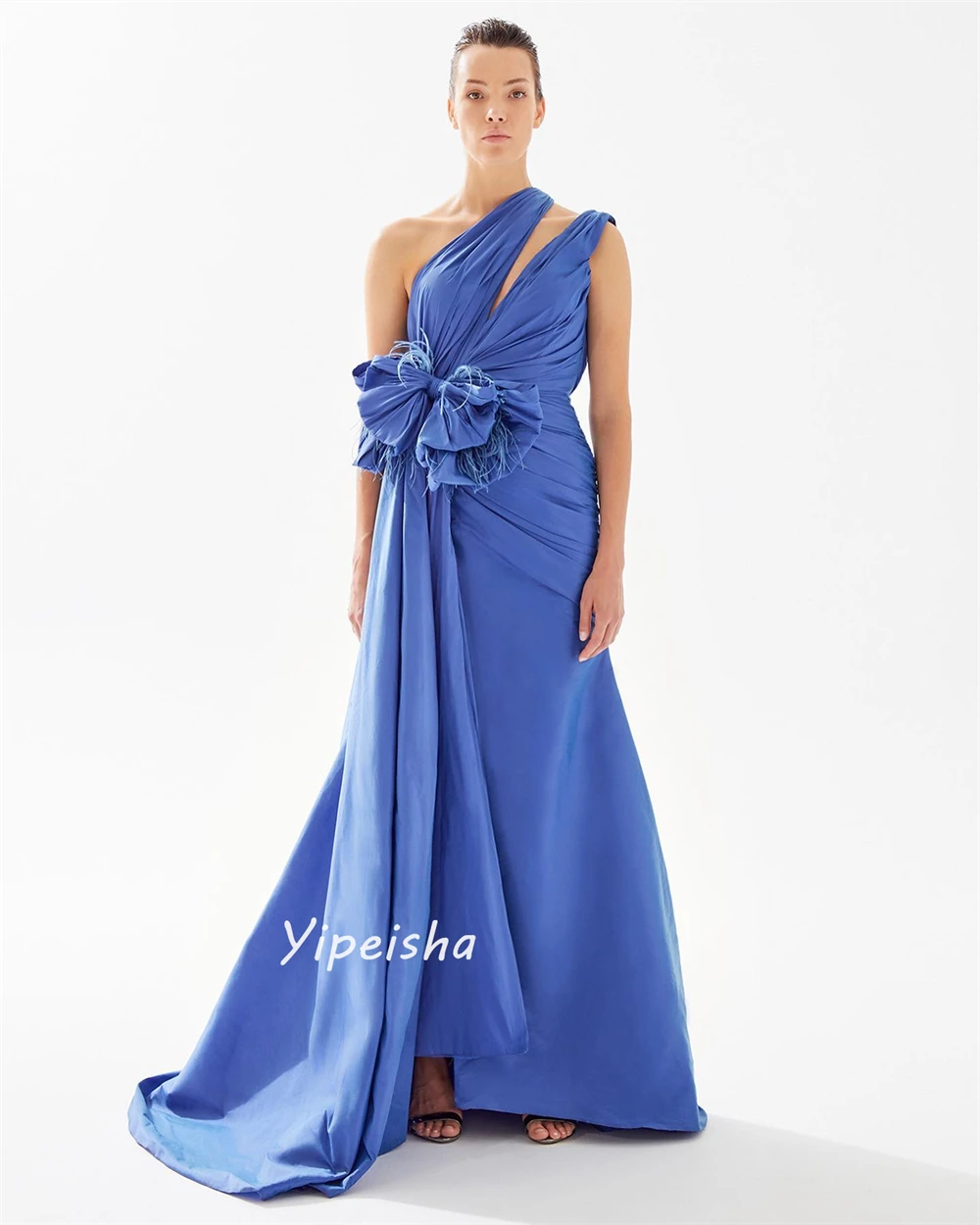 Customized Yipeisha Elegant Matching One-shoulder Ball gown Bows Feathers Shirred Floor length Charmeuse es