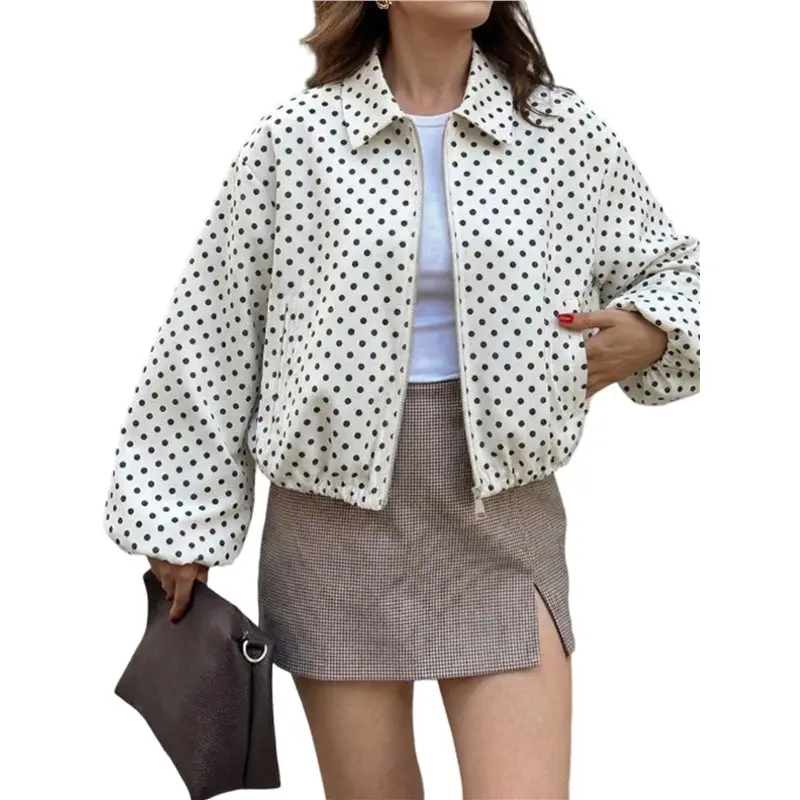 Women's Outerwear Polka Dot Collared Zip Up Loose Cropped Jacket White S Eco-Friendly