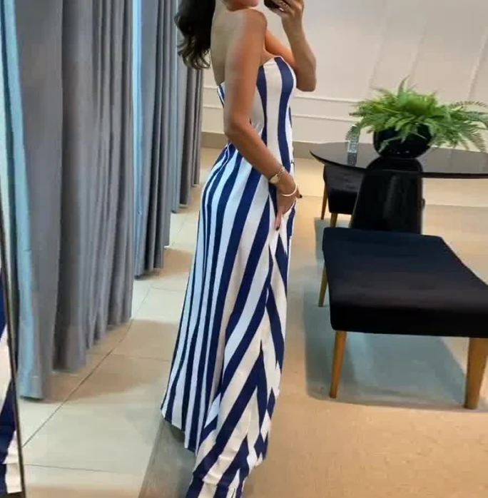 Two Piece Set Women Outfit 2024 Summer Fashion Striped Sexy Bandeau Sleeveless Long Top & Casual High Waist Pocket Pants Set