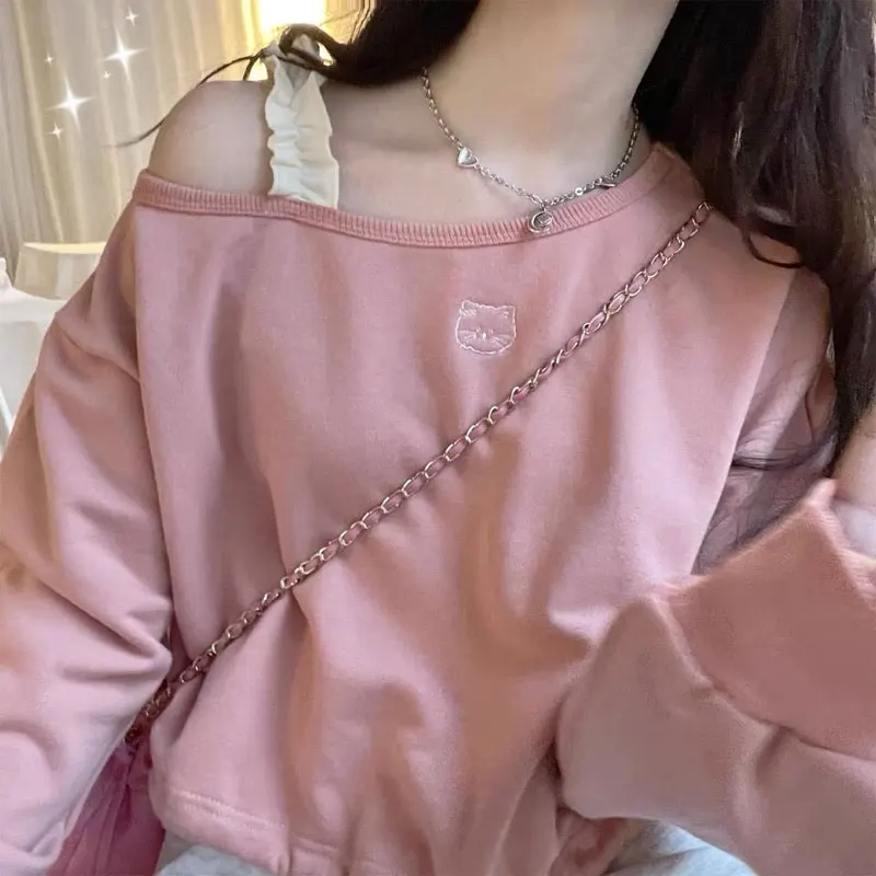 Sweet Skew Collar Off Shoulder Sweatshirts Female Clothing Fashion Asymmetrical Spring Autumn Basic Casual Long Sleeve Pullovers