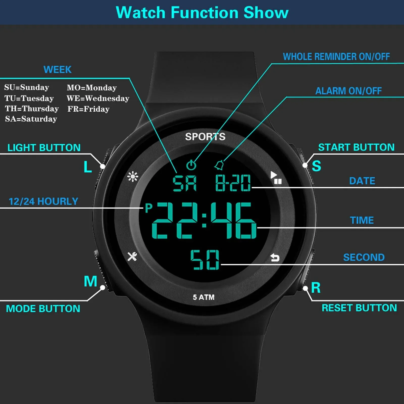 Unisex Sport Watch Multifunction Military Sports Waterproof Luminous LED Digital Watch Big Dial Student Electronic Watch