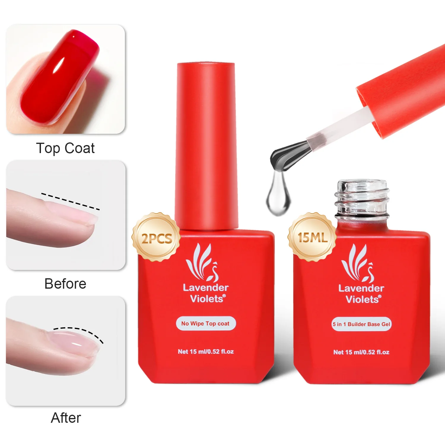 2pcs 15ml 5 in 1 Builder Base Gel and No Wipe Glossy Top Coat Soak off Cure Needed Nail Gel for Home Salon Nail Art Manicure