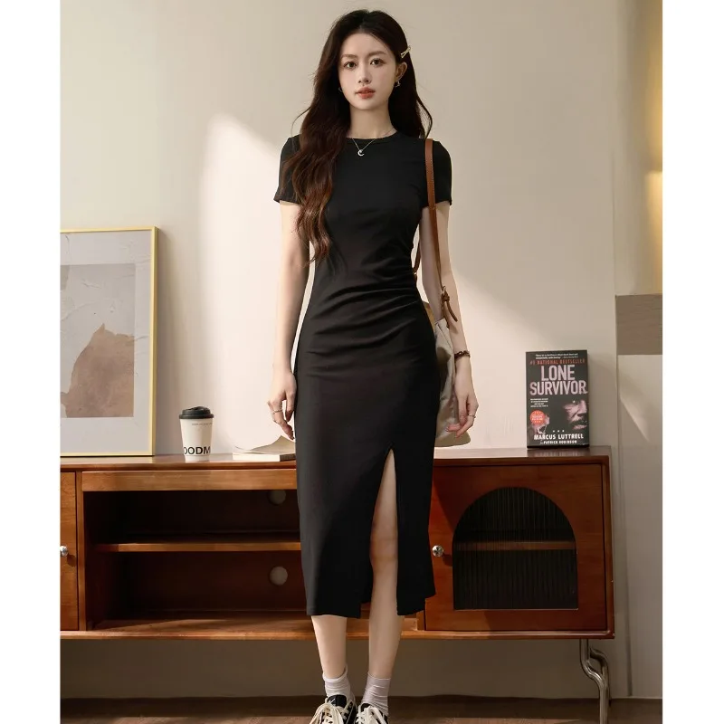 Cotton short sleeved slim fit dress for women's summer new sexy slit over knee slimming dress