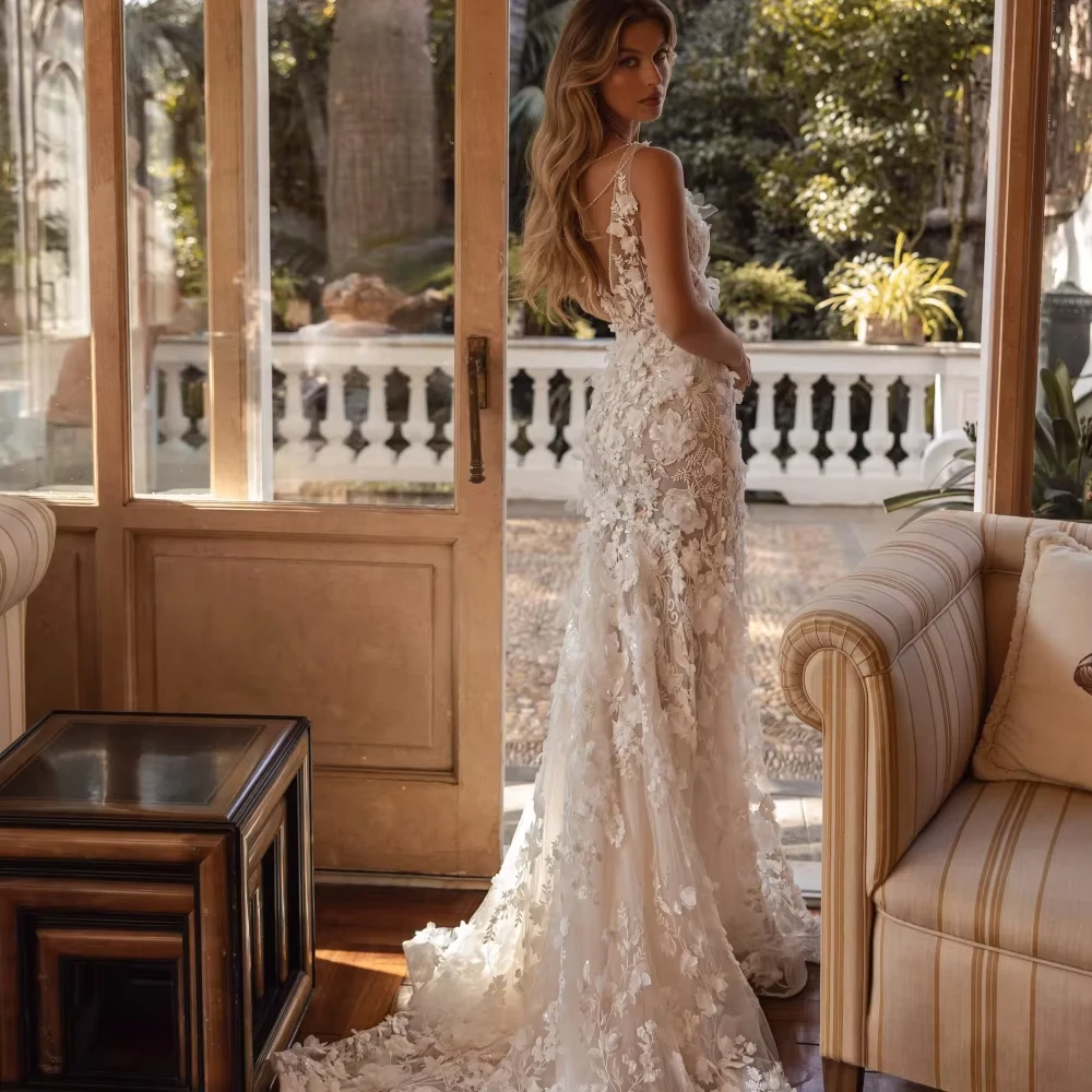 Customized Dreamy Lace Appliques 3D Floral Wedding Dress Detachable Train Mermaid Long Bridal Gown Deep V-neck Bridal Gown