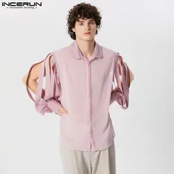 2024 Men's Shirt Mesh Patchwork Lapel Long Sleeve Hollow Out Men Clothing Transparent Streetwear Fashion Casual Camisas INCERUN