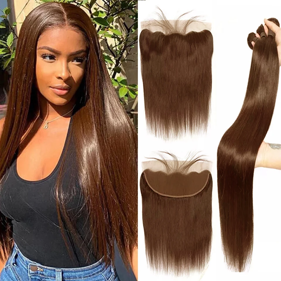 Cor # 4 pacotes retos marrom escuro com 13x4 pacotes de cabelo reto frontal extensões de cabelo humano com renda frontal para mulheres