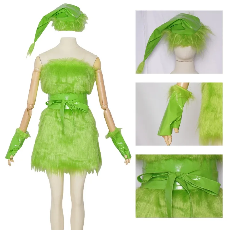 

Women Christmas Cosplay Green Dress with Hat Socks Gloves Belt Full Set Stage Performance Role Play Outfit Xmas Theme Party
