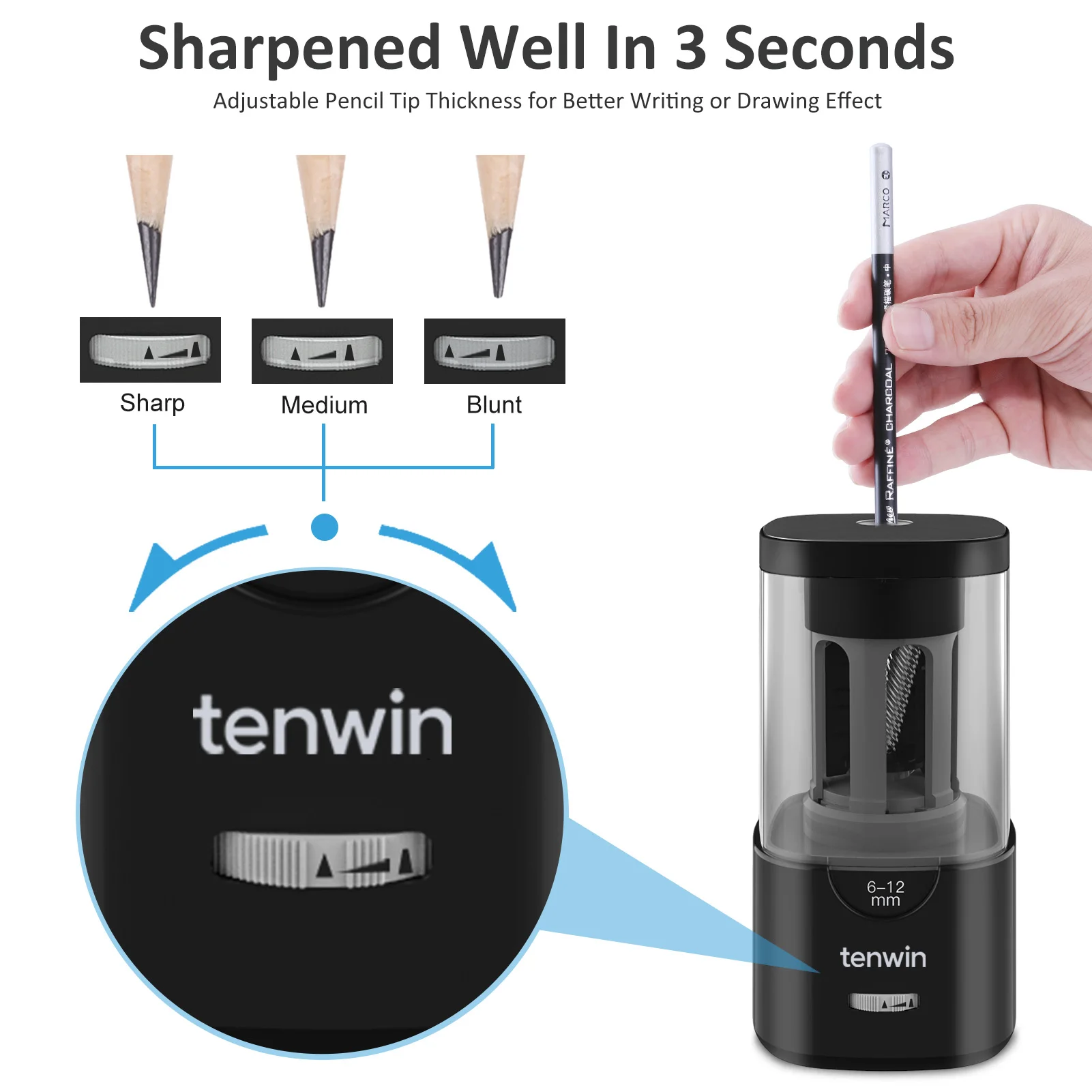 Tenwin 6-12Mm Rautan Pensil Listrik Auto-Stop Besar Alat Tulis Mempertajam Perlengkapan Kantor Sekolah Rautan Mekanik Hadiah Anak-anak