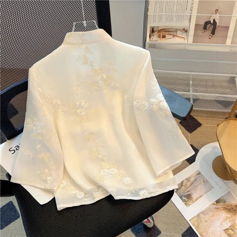 

Chinese National Button Chiffon Shirt Women's Spring Summer Improved Hanfu Heavy Embroidered Shirt High-End Chic Tops JJ803