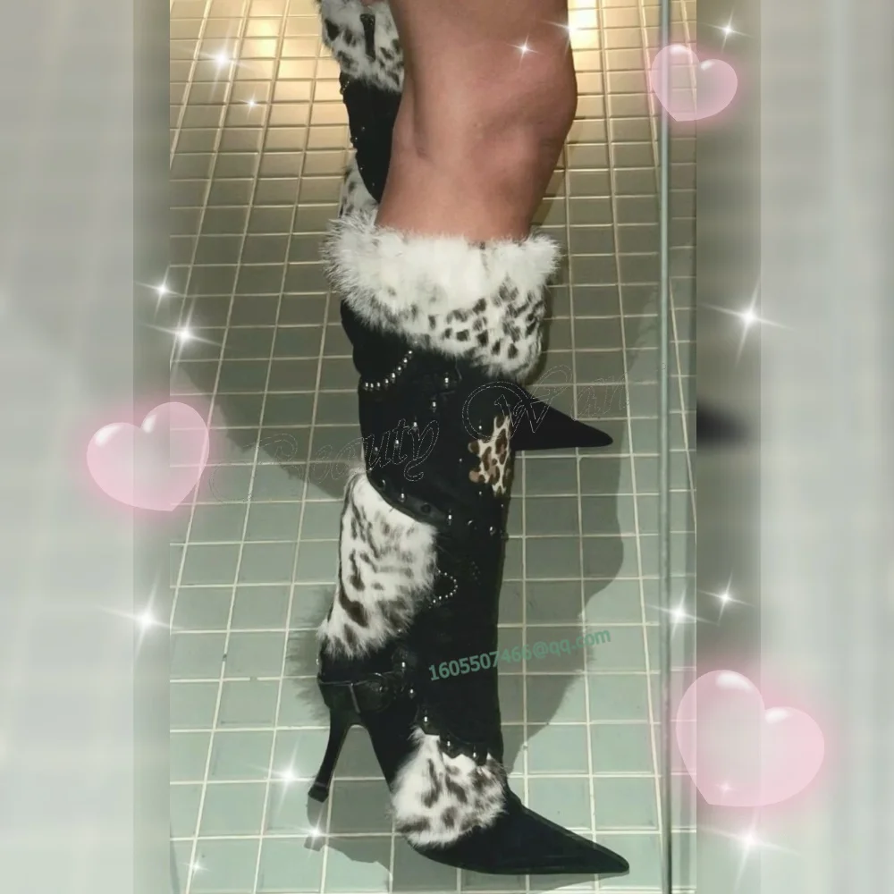 

Black Leopard Fur Decor Boots Side Belt Decor Stilettos Shoes for Women Thin High Heels Sexy Shoes Arrival Zapatos Para Mujere